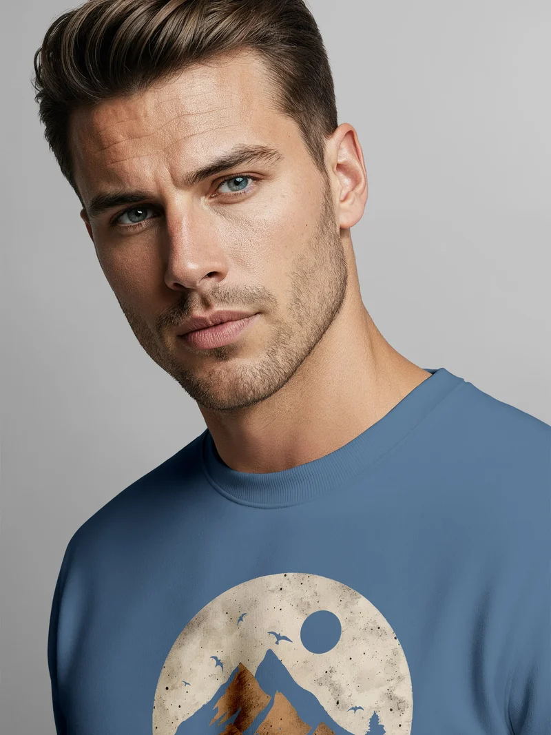 Sweatshirt Herren ohne Kapuze Frontprint mit Berg und Sonne – Outdoor Streetwear Männer Fashion