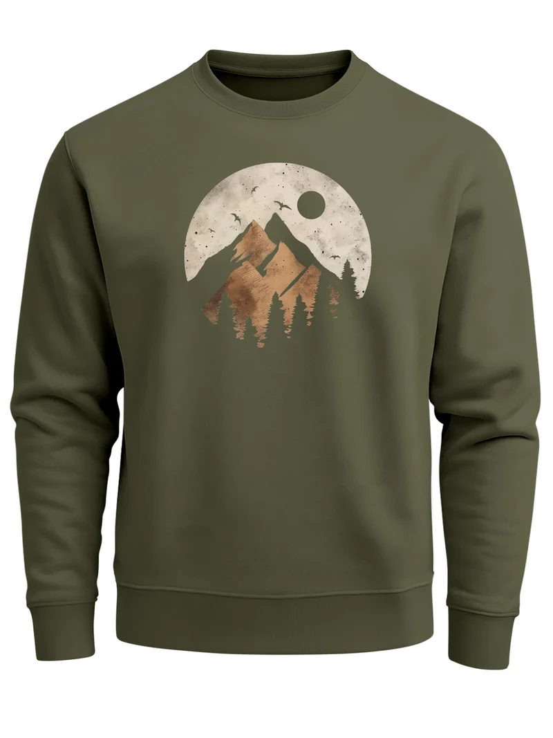 Sweatshirt Herren ohne Kapuze Frontprint mit Berg und Sonne – Outdoor Streetwear Männer Fashion