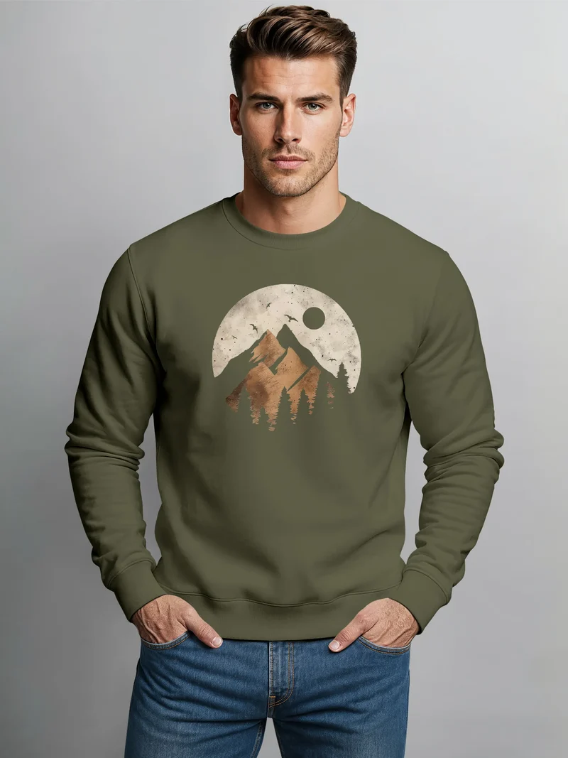 Sweatshirt Herren ohne Kapuze Frontprint mit Berg und Sonne – Outdoor Streetwear Männer Fashion