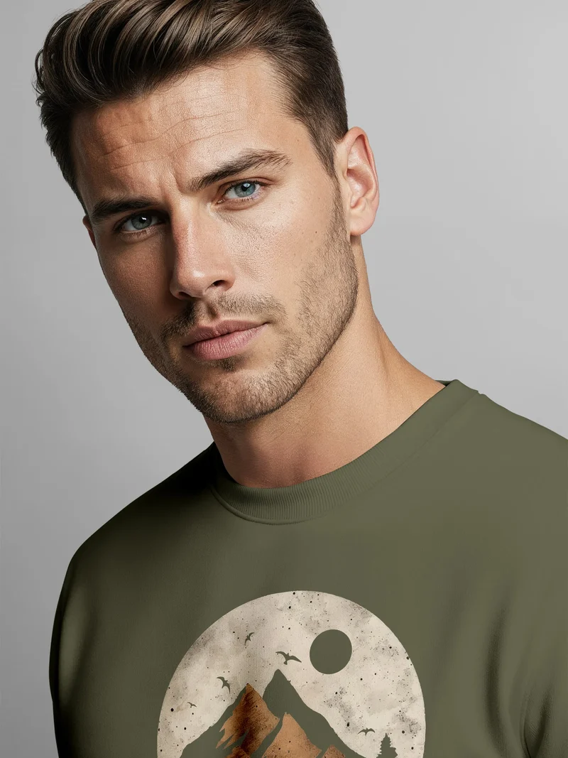 Sweatshirt Herren ohne Kapuze Frontprint mit Berg und Sonne – Outdoor Streetwear Männer Fashion