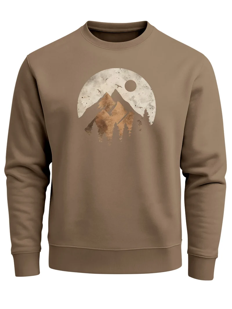 Sweatshirt Herren ohne Kapuze Frontprint mit Berg und Sonne – Outdoor Streetwear Männer Fashion