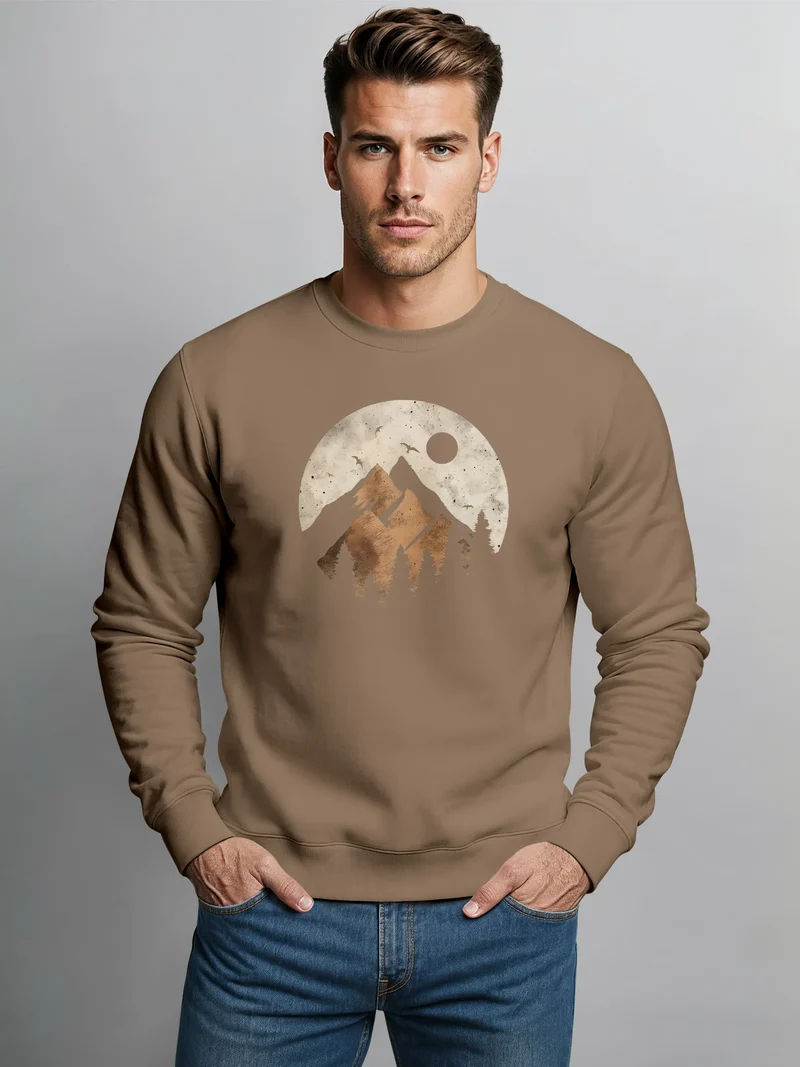 Sweatshirt Herren ohne Kapuze Frontprint mit Berg und Sonne – Outdoor Streetwear Männer Fashion