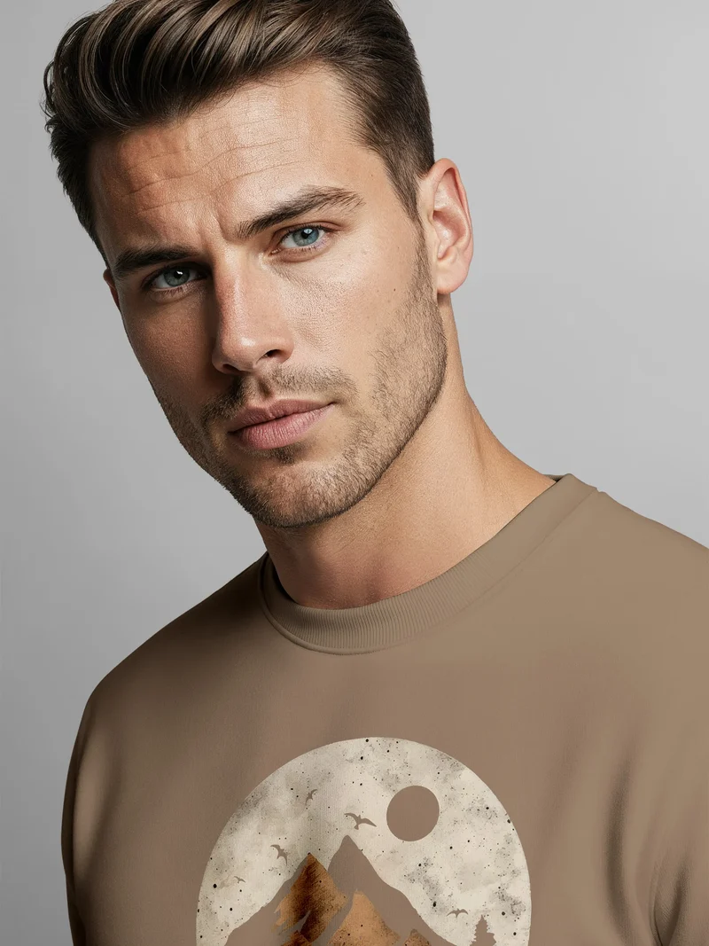 Sweatshirt Herren ohne Kapuze Frontprint mit Berg und Sonne – Outdoor Streetwear Männer Fashion