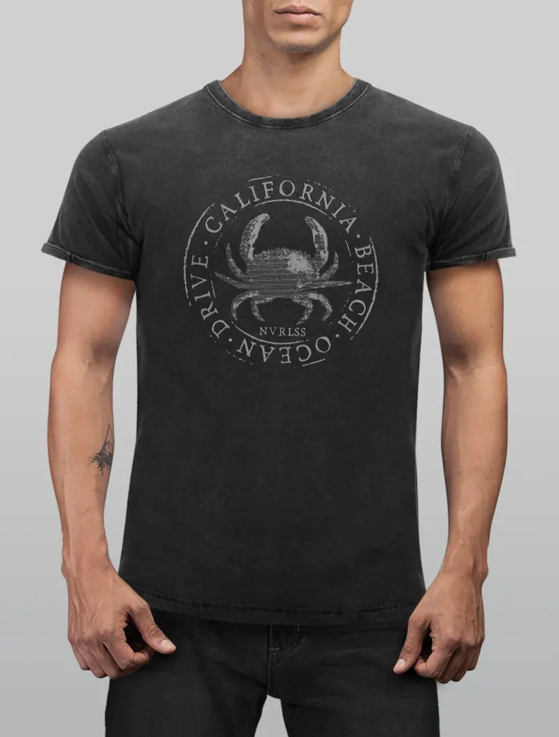 Herren Vintage Shirt California Beach Crab Krabbe Krebs Ocean Drive Printshirt T-Shirt Aufdruck Used Look