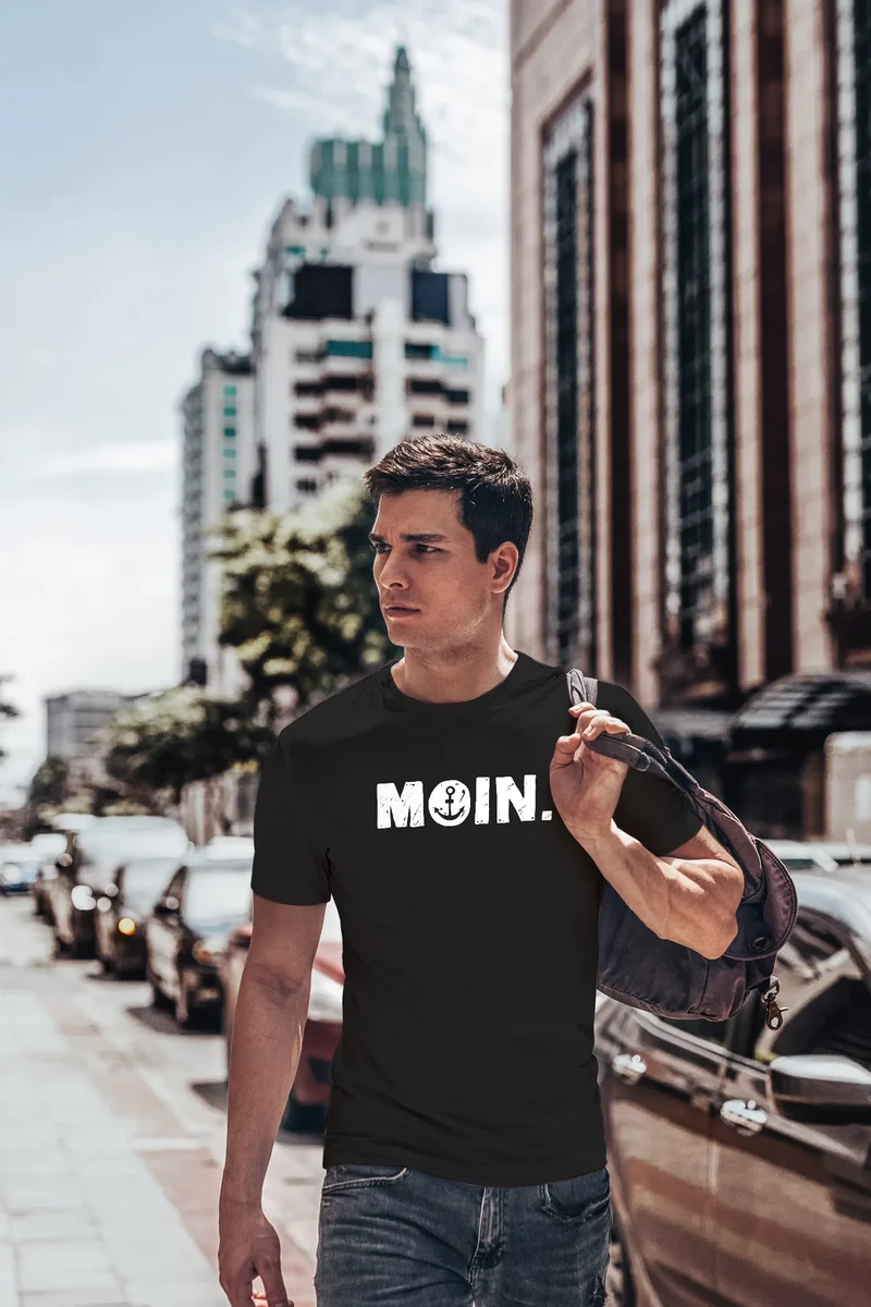 Herren T-Shirt Schriftzug Moin Dialekt Norden Hamburg Anker Print Fashion Streetstyle