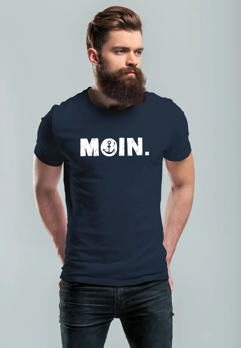 Herren T-Shirt Schriftzug Moin Dialekt Norden Hamburg Anker Print Fashion Streetstyle
