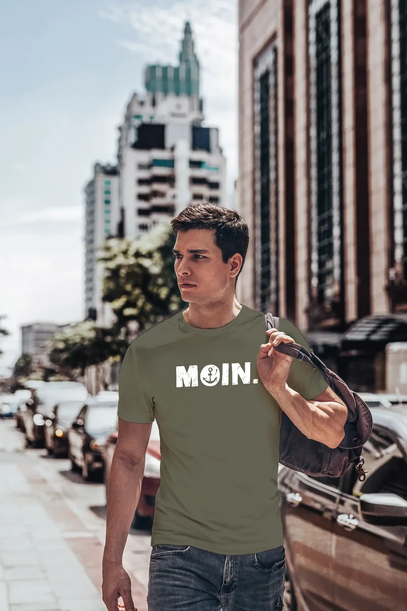 Herren T-Shirt Schriftzug Moin Dialekt Norden Hamburg Anker Print Fashion Streetstyle