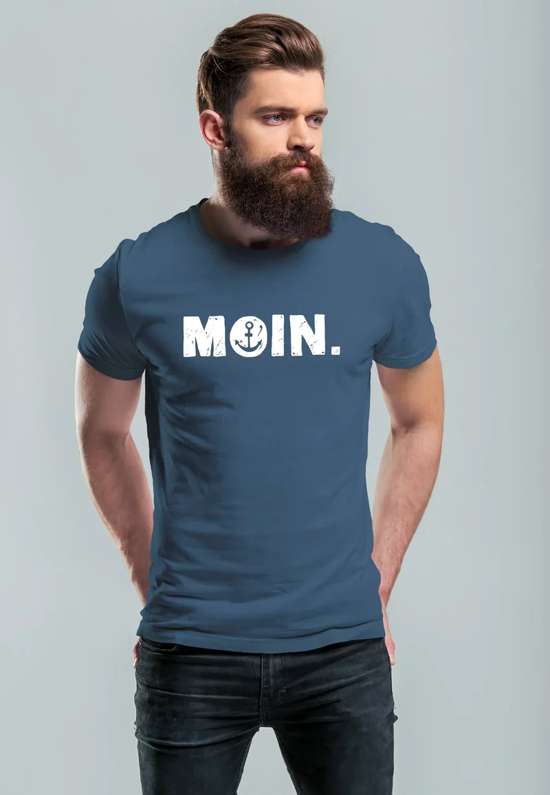 Herren T-Shirt Schriftzug Moin Dialekt Norden Hamburg Anker Print Fashion Streetstyle