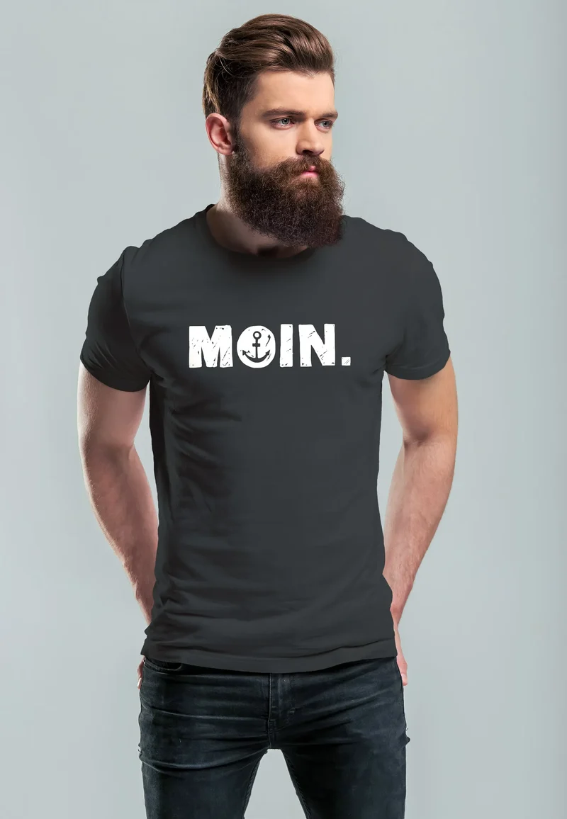 Herren T-Shirt Schriftzug Moin Dialekt Norden Hamburg Anker Print Fashion Streetstyle
