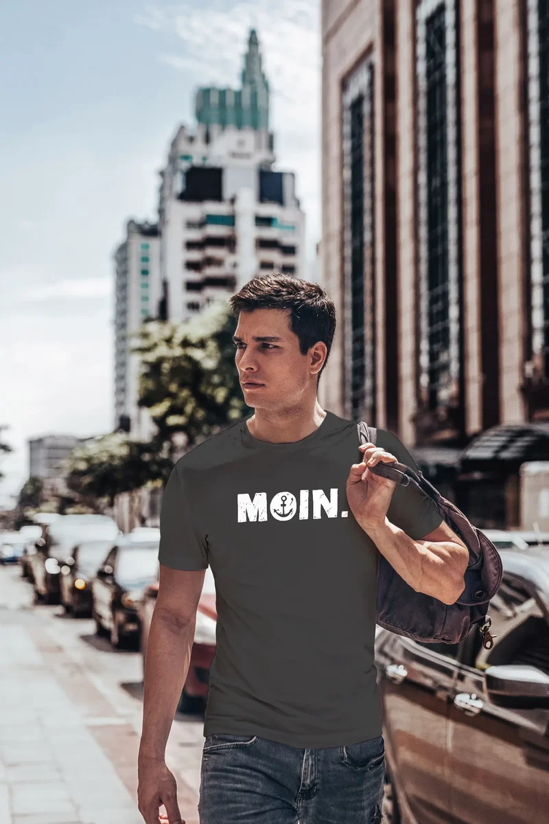 Herren T-Shirt Schriftzug Moin Dialekt Norden Hamburg Anker Print Fashion Streetstyle