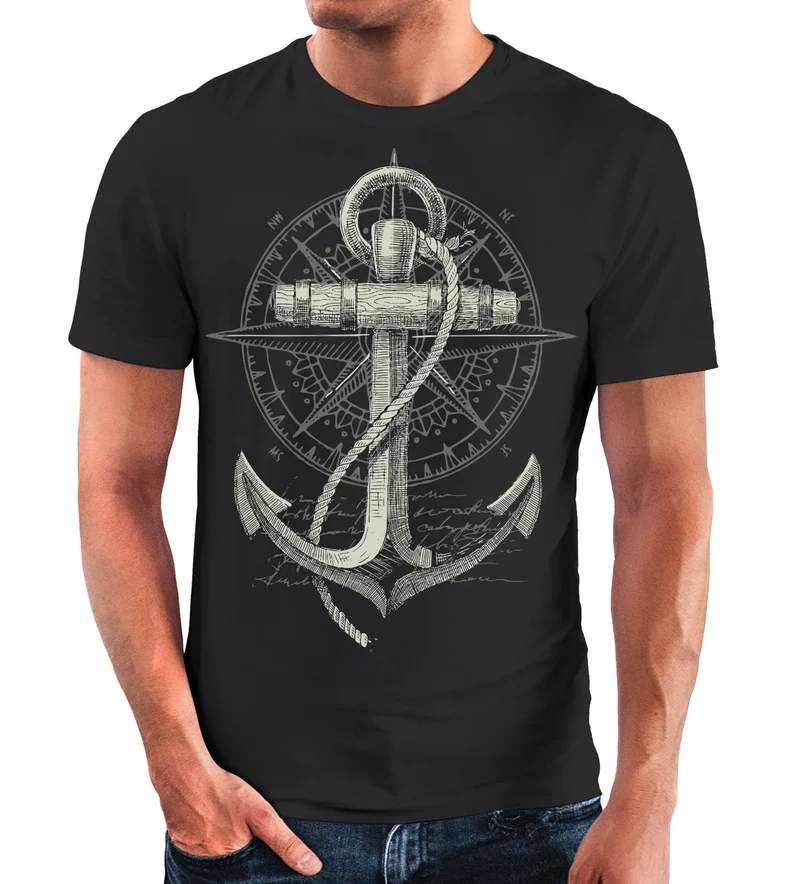 Herren T-Shirt Print Aufdruck Anker Kompass Motiv Maritim Meer Fashion Streetstyle