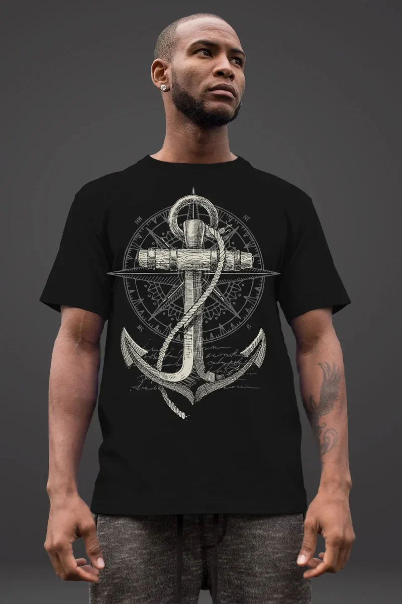 Herren T-Shirt Print Aufdruck Anker Kompass Motiv Maritim Meer Fashion Streetstyle