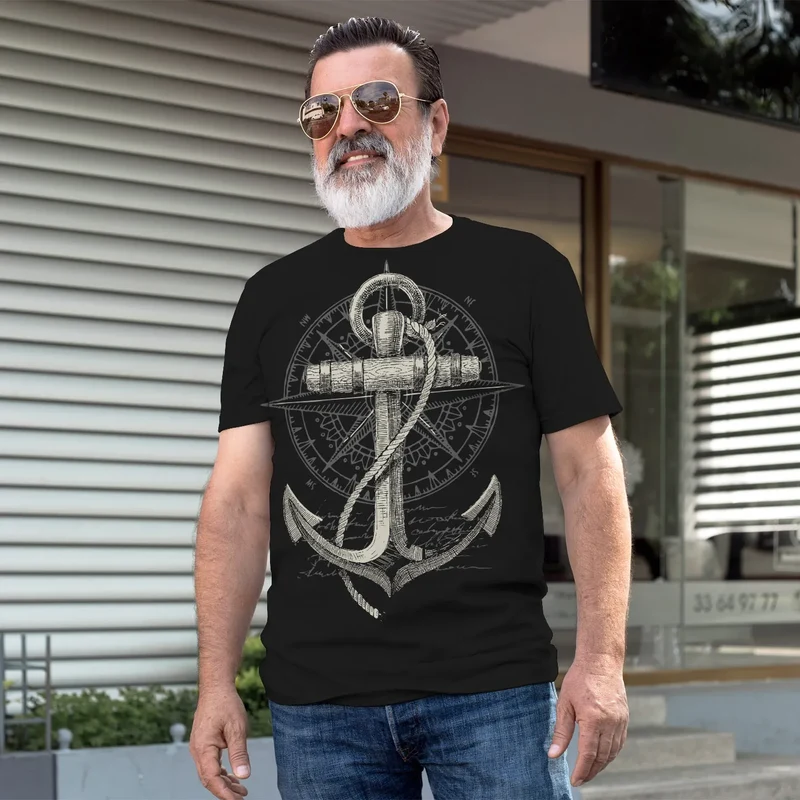 Herren T-Shirt Print Aufdruck Anker Kompass Motiv Maritim Meer Fashion Streetstyle