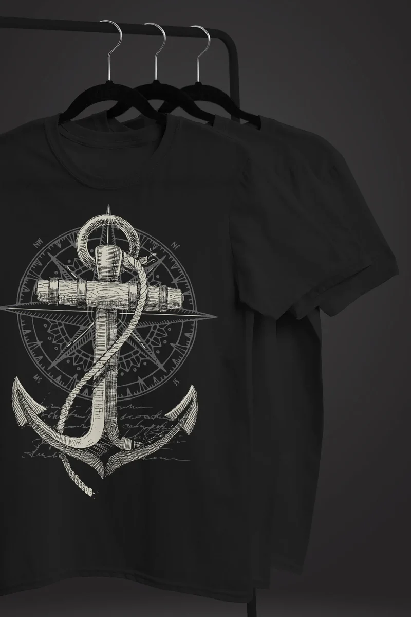 Herren T-Shirt Print Aufdruck Anker Kompass Motiv Maritim Meer Fashion Streetstyle