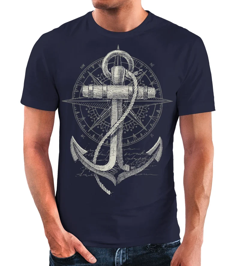 Herren T-Shirt Print Aufdruck Anker Kompass Motiv Maritim Meer Fashion Streetstyle