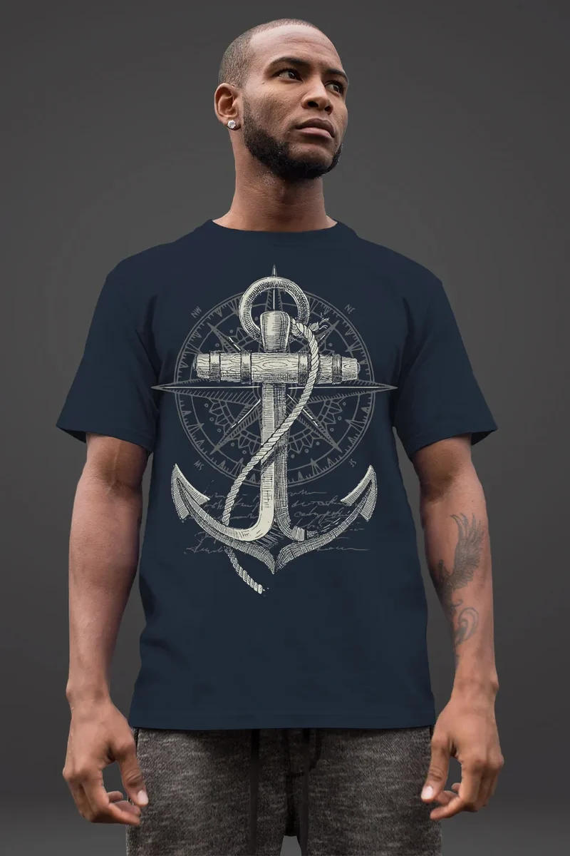 Herren T-Shirt Print Aufdruck Anker Kompass Motiv Maritim Meer Fashion Streetstyle