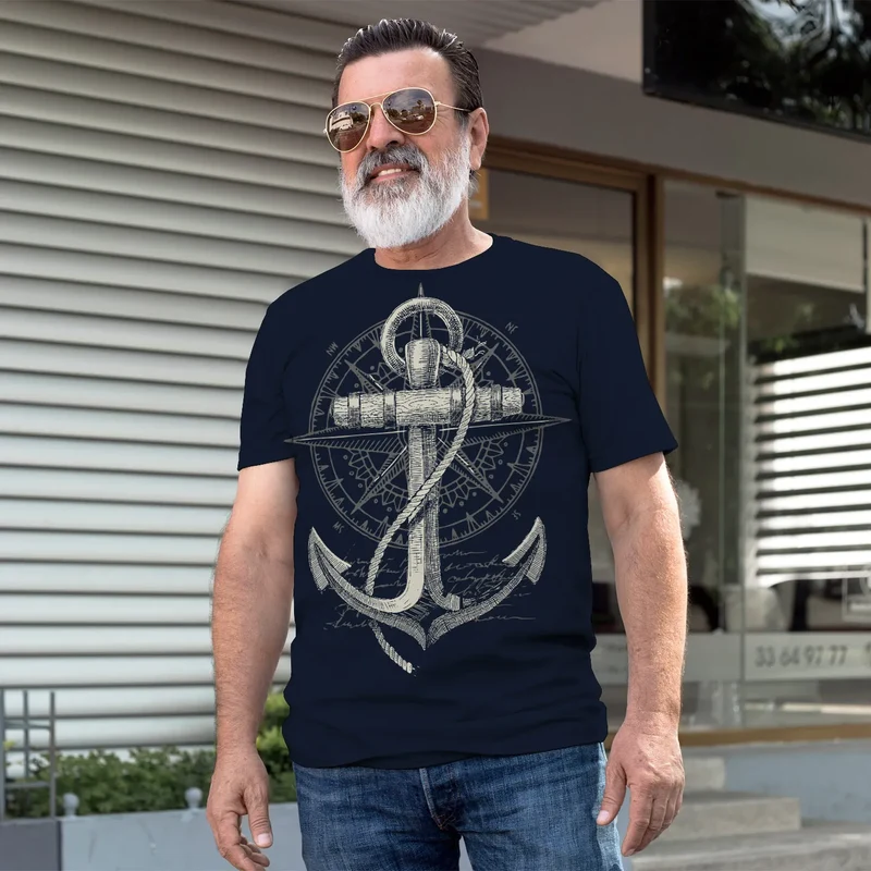 Herren T-Shirt Print Aufdruck Anker Kompass Motiv Maritim Meer Fashion Streetstyle