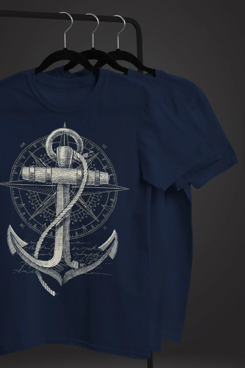 Herren T-Shirt Print Aufdruck Anker Kompass Motiv Maritim Meer Fashion Streetstyle