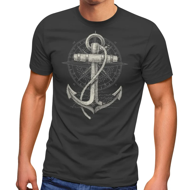 Herren T-Shirt Print Aufdruck Anker Kompass Motiv Maritim Meer Fashion Streetstyle