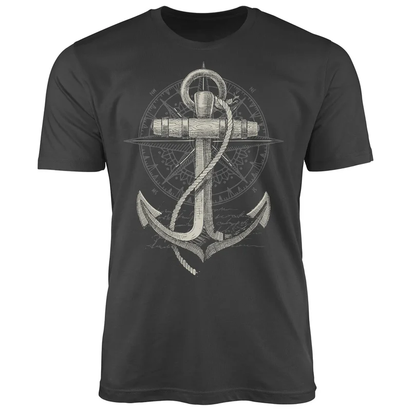Herren T-Shirt Print Aufdruck Anker Kompass Motiv Maritim Meer Fashion Streetstyle