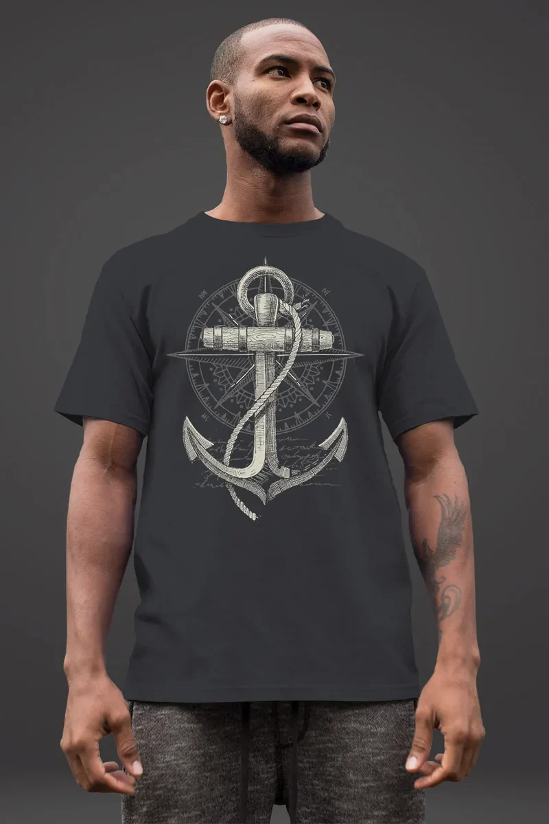 Herren T-Shirt Print Aufdruck Anker Kompass Motiv Maritim Meer Fashion Streetstyle