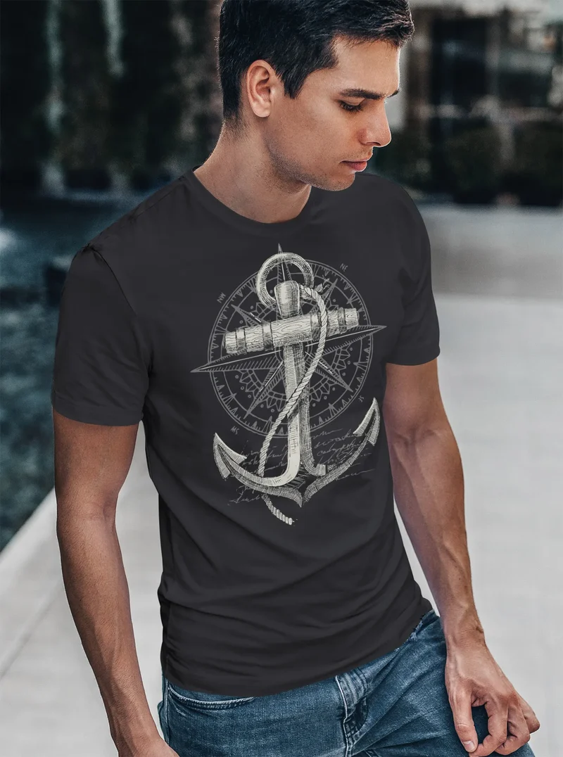 Herren T-Shirt Print Aufdruck Anker Kompass Motiv Maritim Meer Fashion Streetstyle