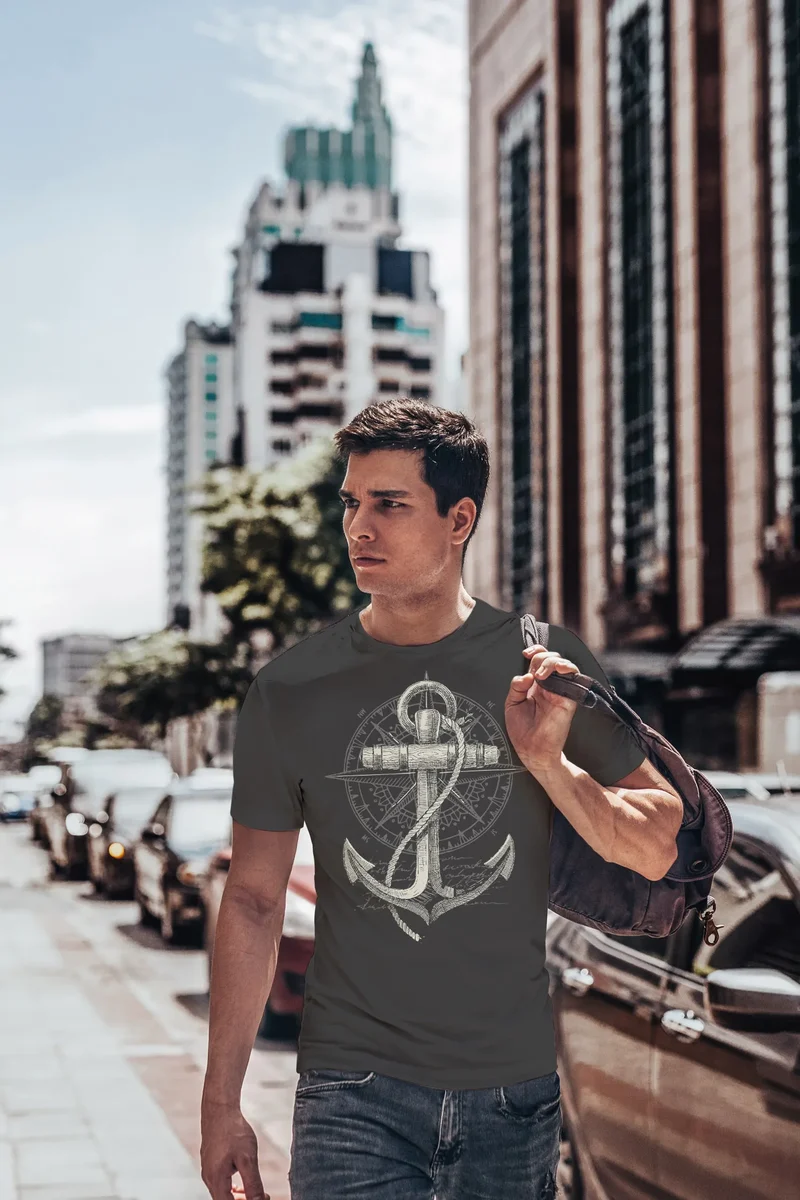 Herren T-Shirt Print Aufdruck Anker Kompass Motiv Maritim Meer Fashion Streetstyle