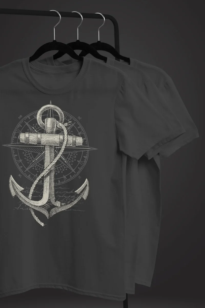 Herren T-Shirt Print Aufdruck Anker Kompass Motiv Maritim Meer Fashion Streetstyle