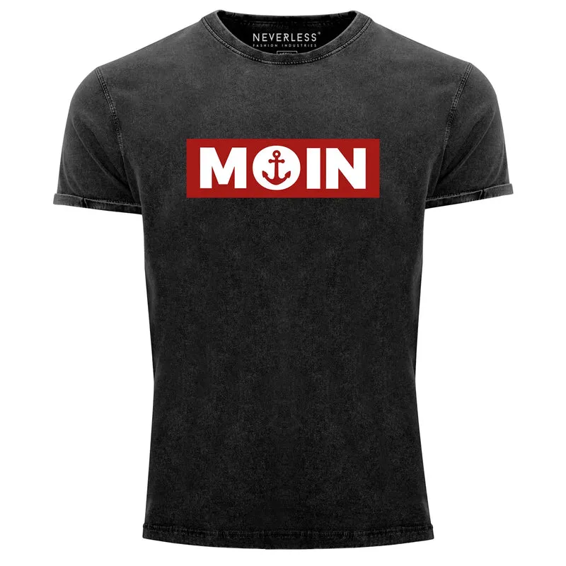 Herren Vintage Shirt Moin norddeutsch Morgen Anker Printshirt T-Shirt Aufdruck Used Look Slim Fit