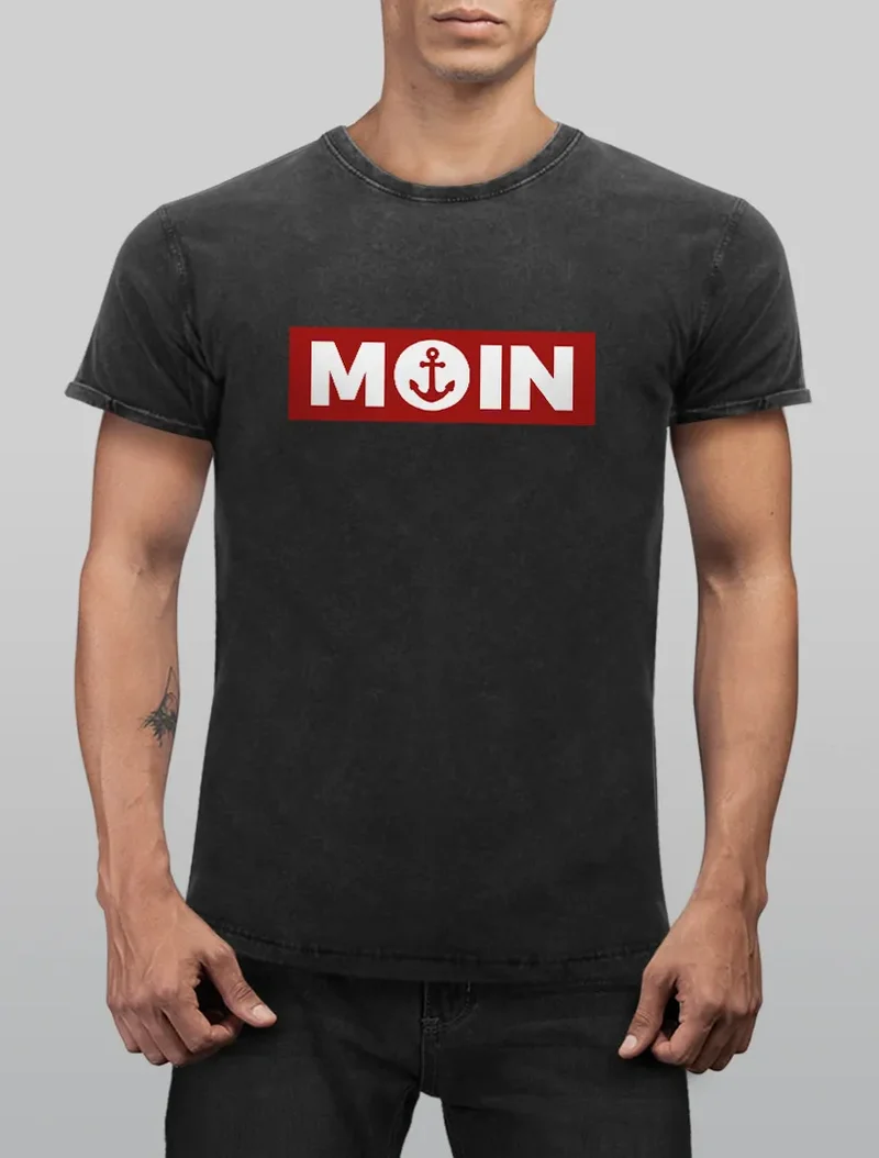 Herren Vintage Shirt Moin norddeutsch Morgen Anker Printshirt T-Shirt Aufdruck Used Look Slim Fit