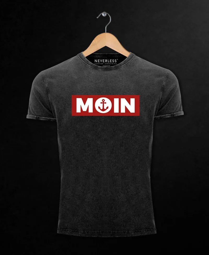 Herren Vintage Shirt Moin norddeutsch Morgen Anker Printshirt T-Shirt Aufdruck Used Look Slim Fit