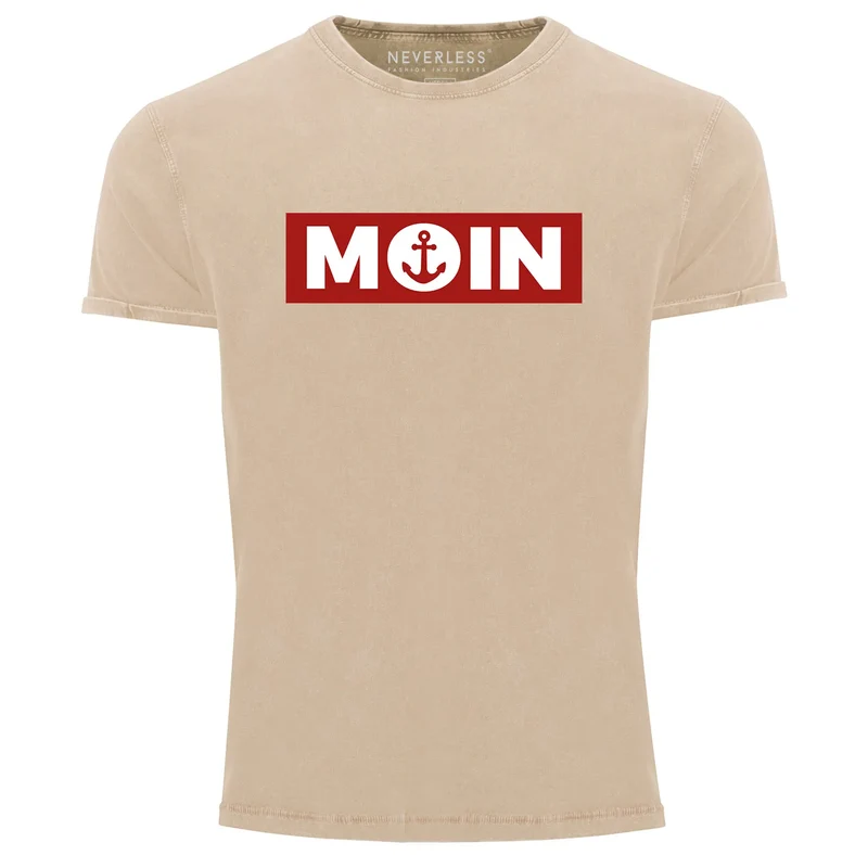 Herren Vintage Shirt Moin norddeutsch Morgen Anker Printshirt T-Shirt Aufdruck Used Look Slim Fit