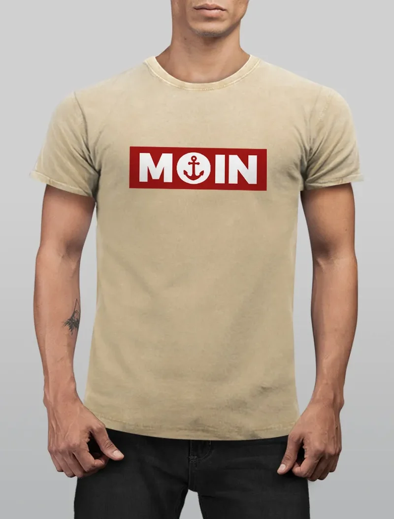 Herren Vintage Shirt Moin norddeutsch Morgen Anker Printshirt T-Shirt Aufdruck Used Look Slim Fit