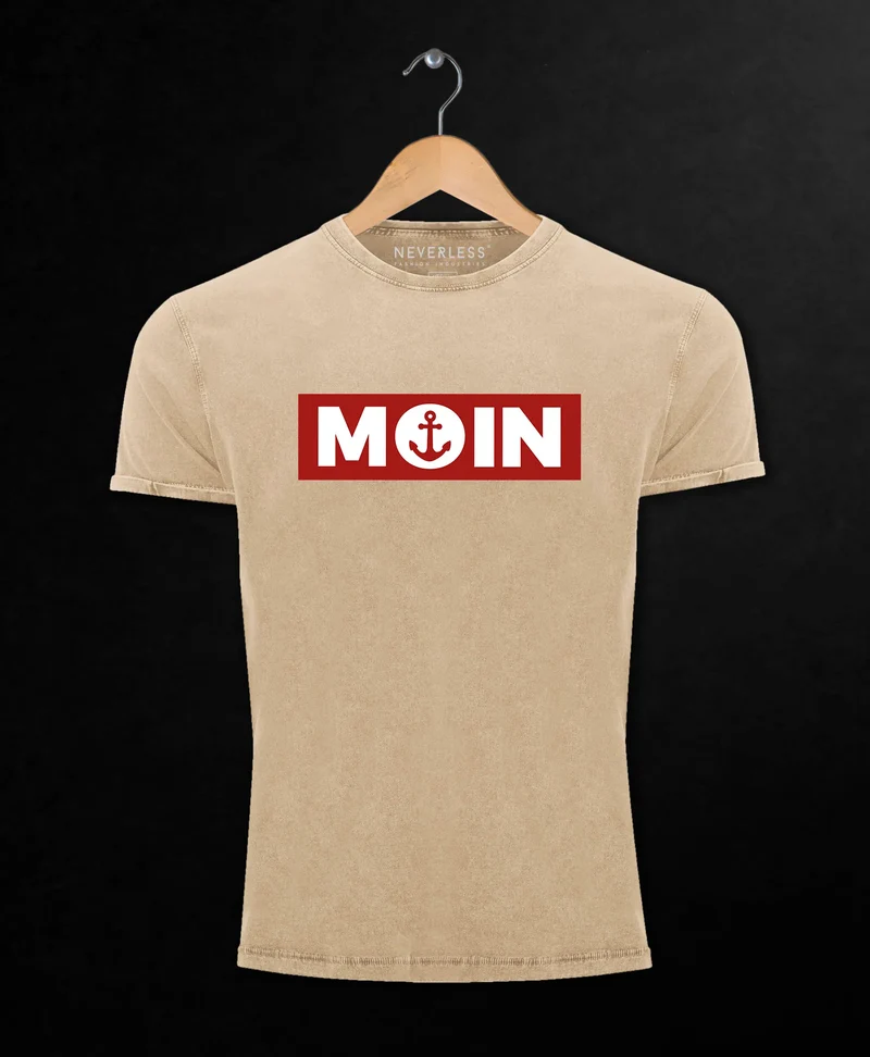 Herren Vintage Shirt Moin norddeutsch Morgen Anker Printshirt T-Shirt Aufdruck Used Look Slim Fit