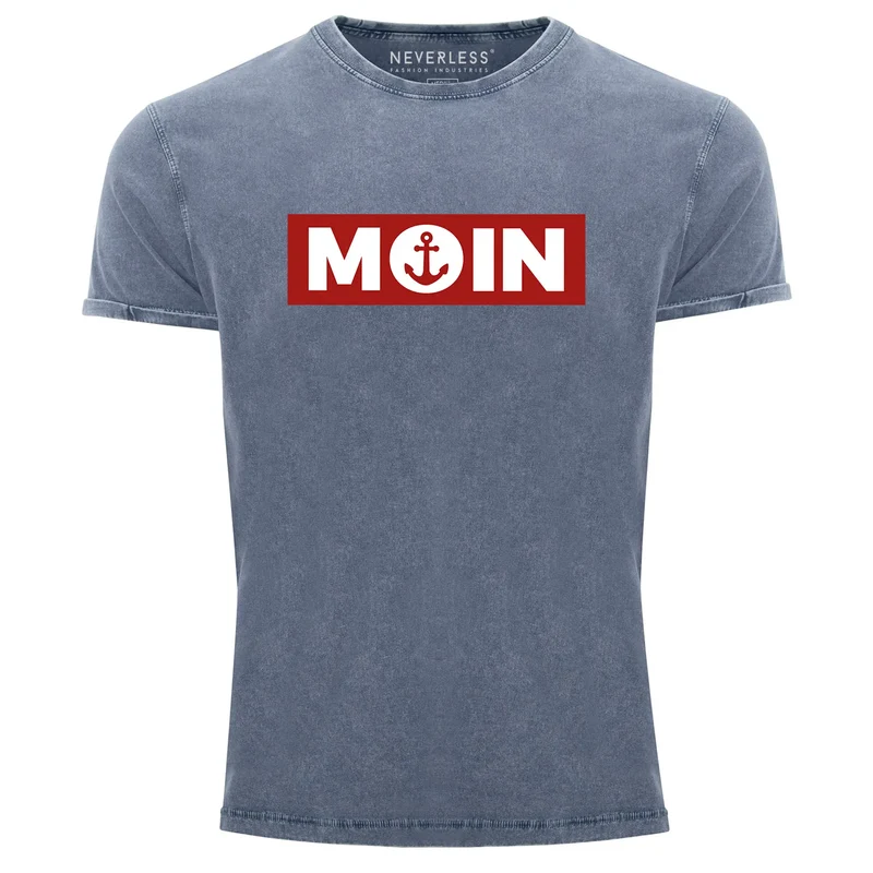 Herren Vintage Shirt Moin norddeutsch Morgen Anker Printshirt T-Shirt Aufdruck Used Look Slim Fit