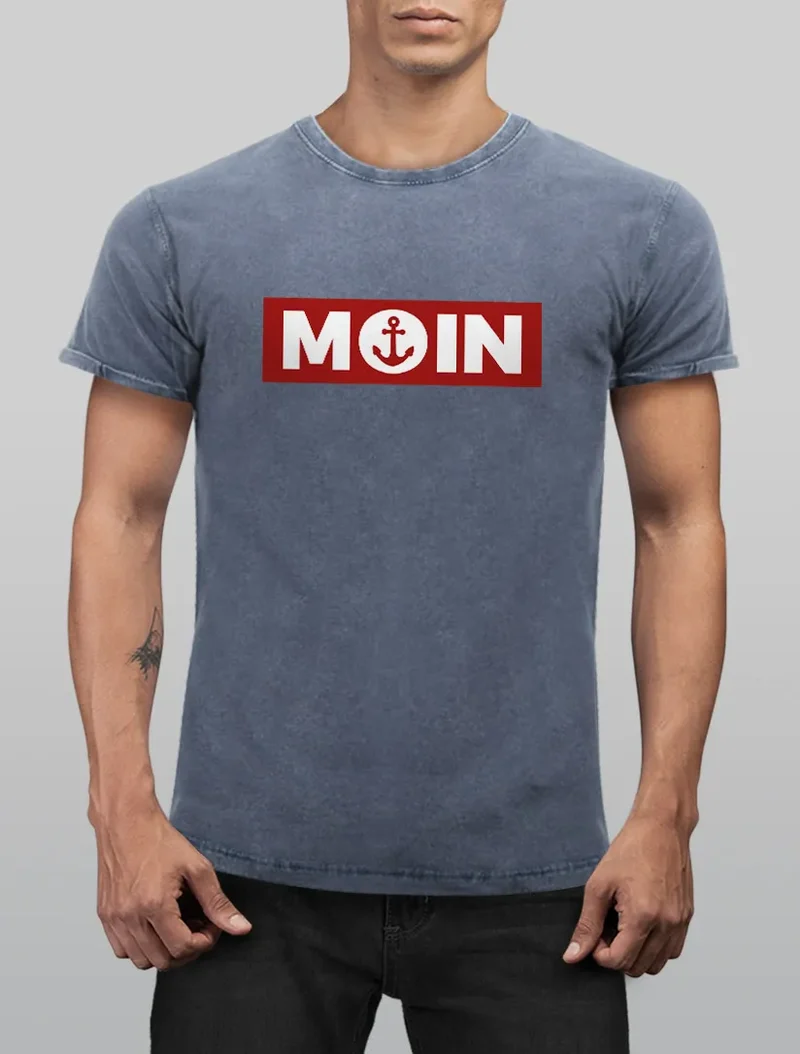 Herren Vintage Shirt Moin norddeutsch Morgen Anker Printshirt T-Shirt Aufdruck Used Look Slim Fit