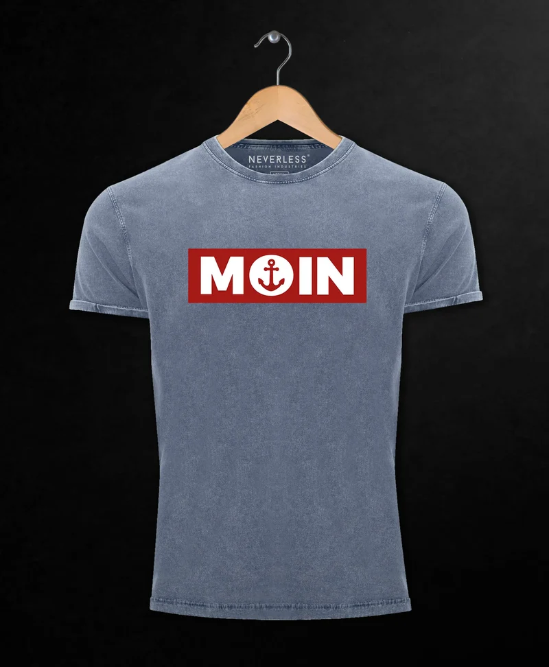 Herren Vintage Shirt Moin norddeutsch Morgen Anker Printshirt T-Shirt Aufdruck Used Look Slim Fit
