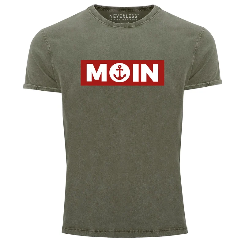 Herren Vintage Shirt Moin norddeutsch Morgen Anker Printshirt T-Shirt Aufdruck Used Look Slim Fit