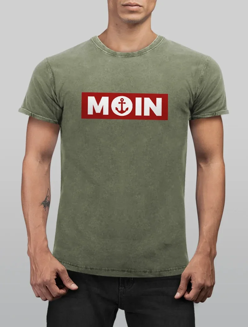 Herren Vintage Shirt Moin norddeutsch Morgen Anker Printshirt T-Shirt Aufdruck Used Look Slim Fit