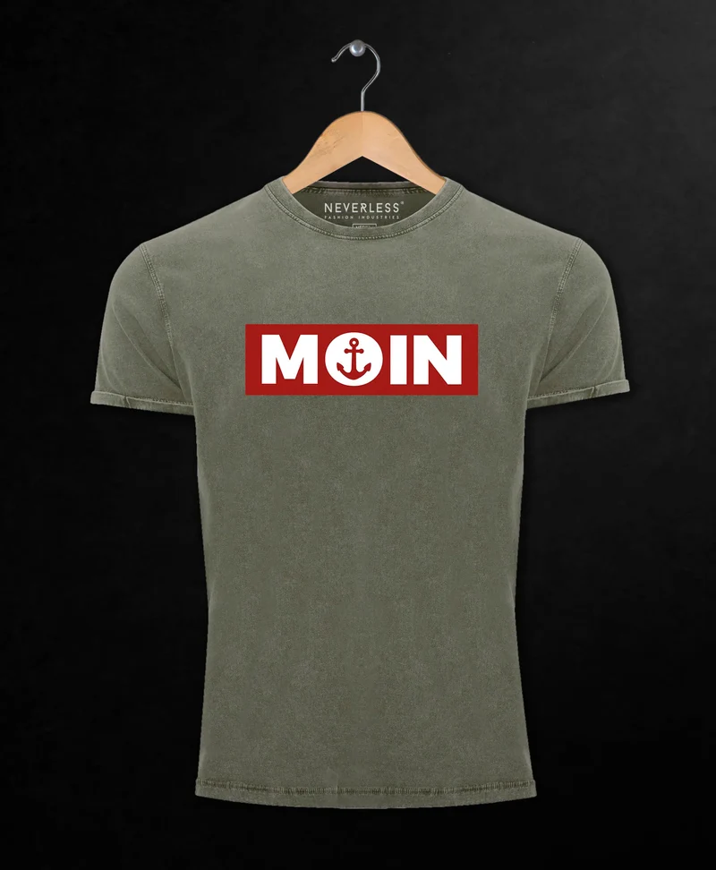 Herren Vintage Shirt Moin norddeutsch Morgen Anker Printshirt T-Shirt Aufdruck Used Look Slim Fit