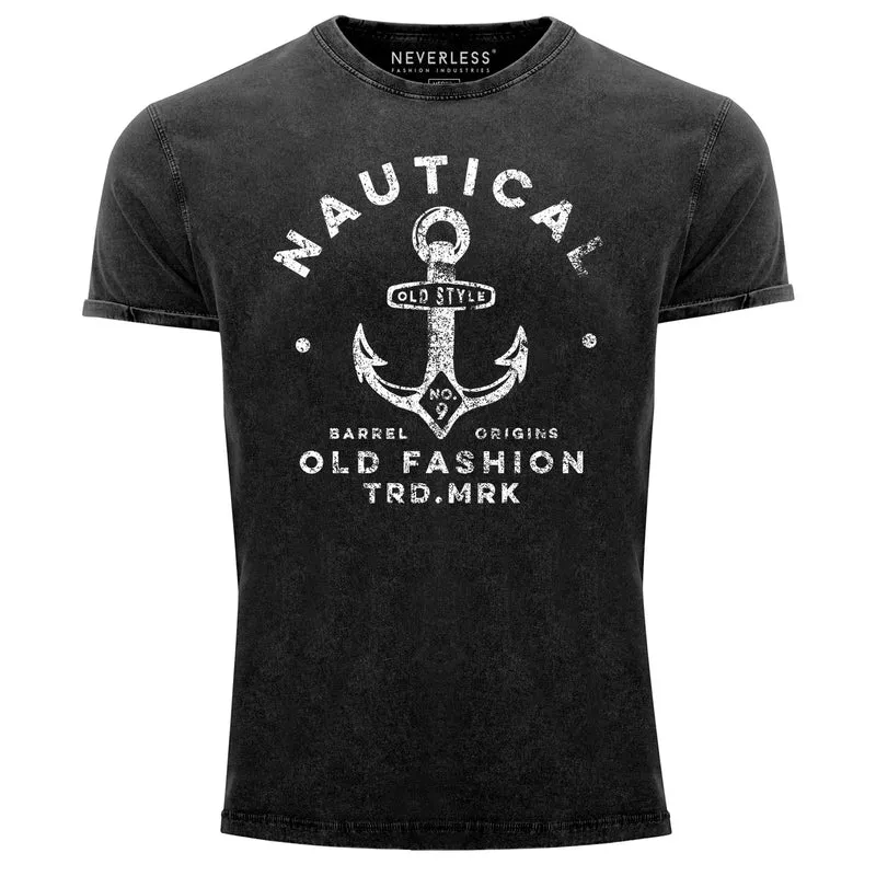 Herren Vintage Shirt Anker Motiv Nautical Old Fashion Printshirt Used Look Slim Fit