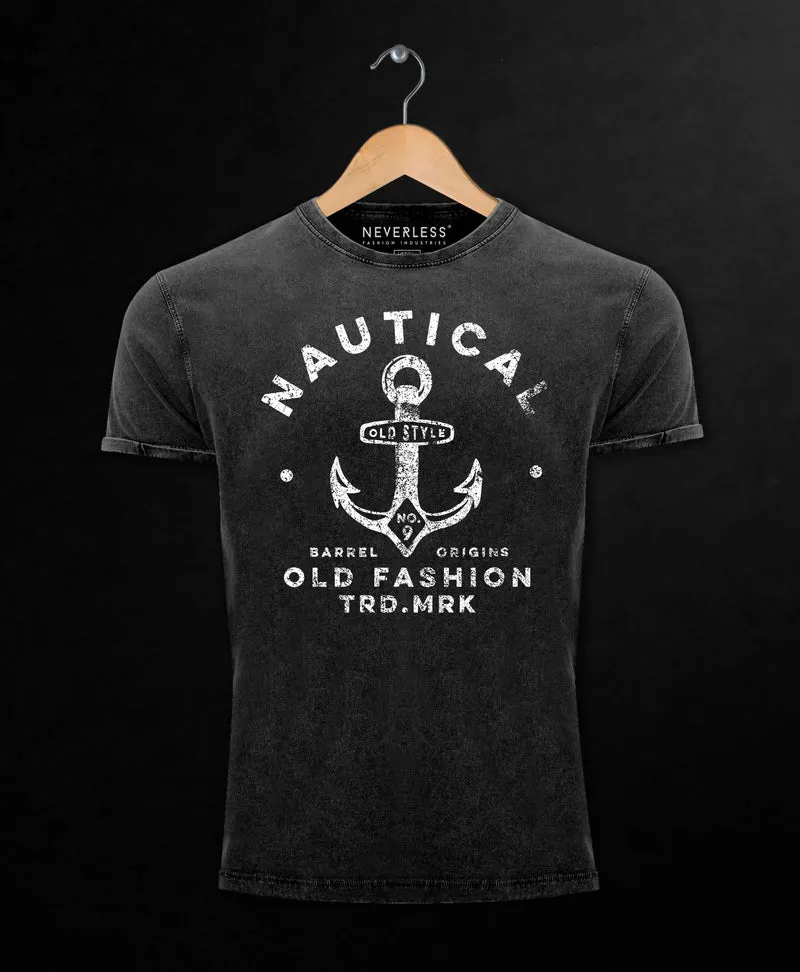 Herren Vintage Shirt Anker Motiv Nautical Old Fashion Printshirt Used Look Slim Fit
