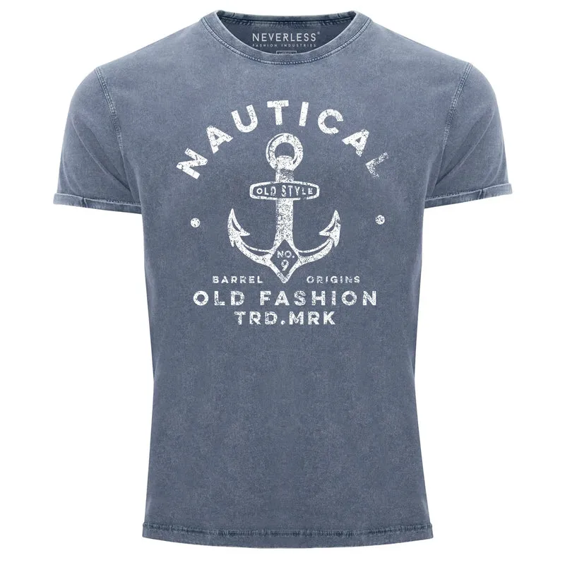 Herren Vintage Shirt Anker Motiv Nautical Old Fashion Printshirt Used Look Slim Fit