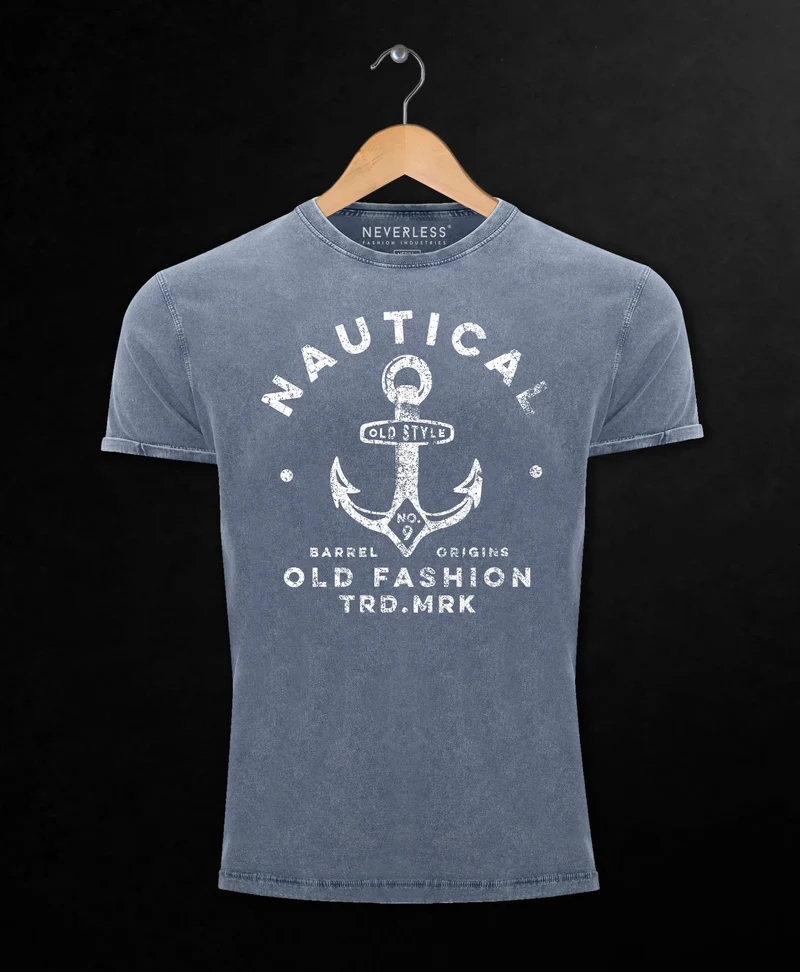 Herren Vintage Shirt Anker Motiv Nautical Old Fashion Printshirt Used Look Slim Fit