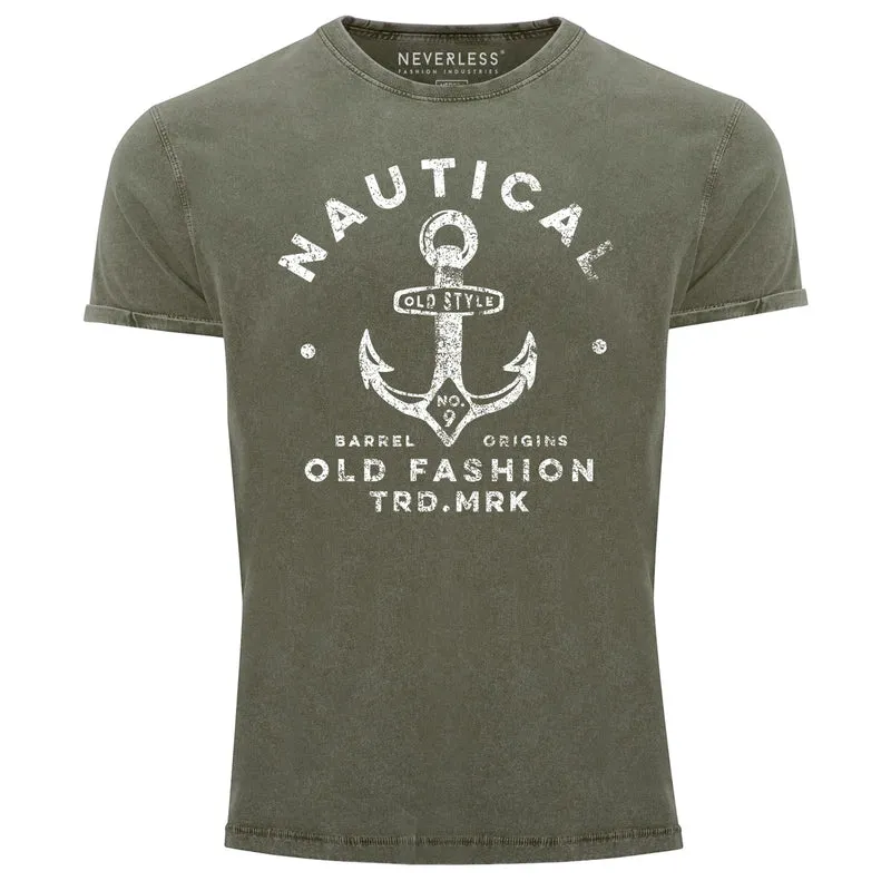 Herren Vintage Shirt Anker Motiv Nautical Old Fashion Printshirt Used Look Slim Fit