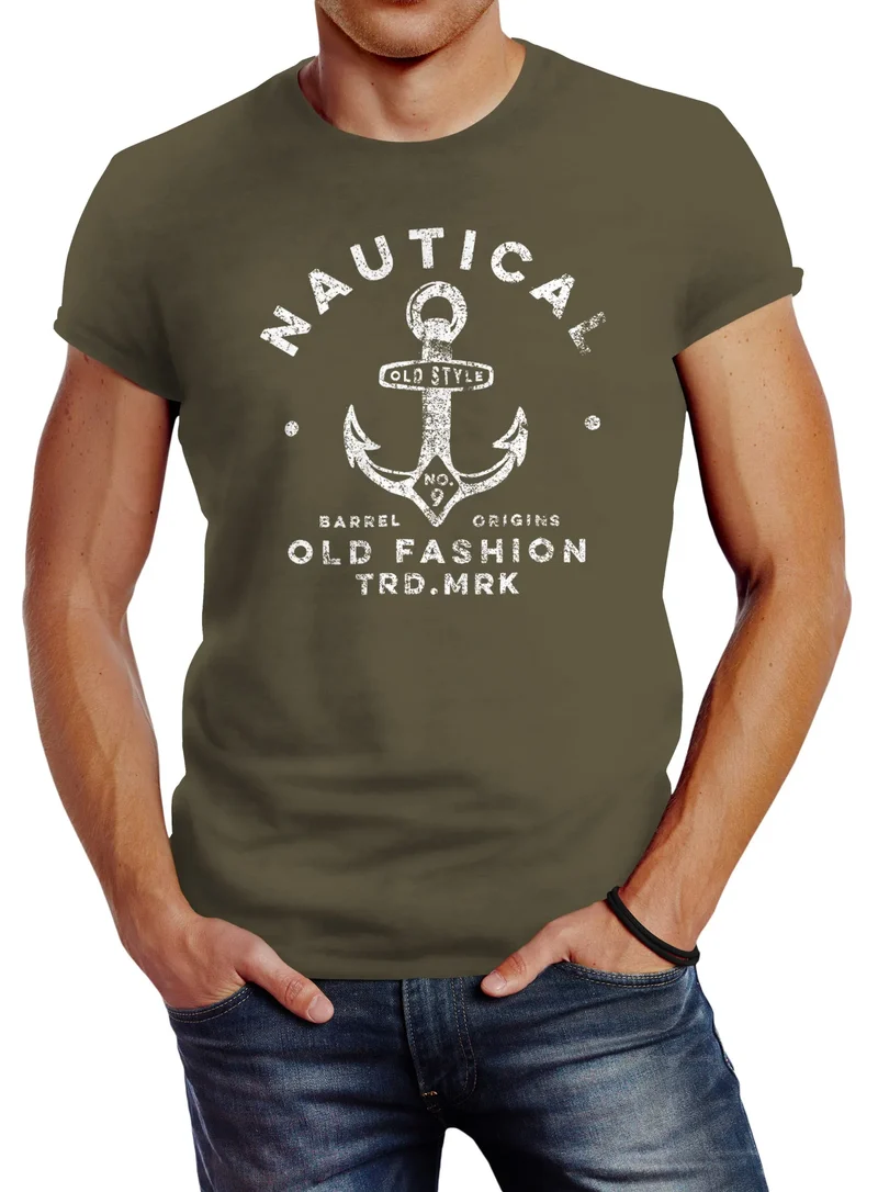 Herren T-Shirt Anker Motiv Schriftzug Nautical Old Fashion Retro Design Fashion Streetstyle