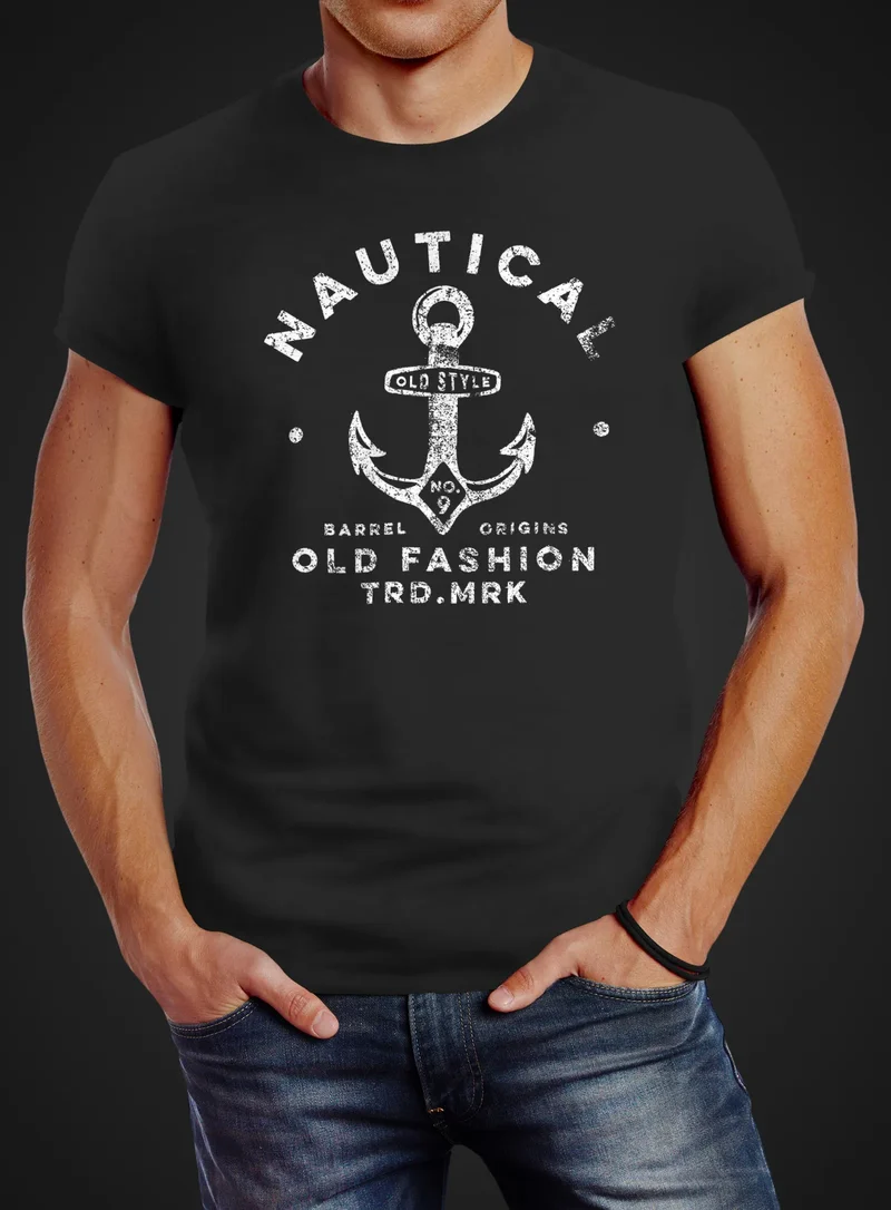 Herren T-Shirt Anker Motiv Schriftzug Nautical Old Fashion Retro Design Fashion Streetstyle