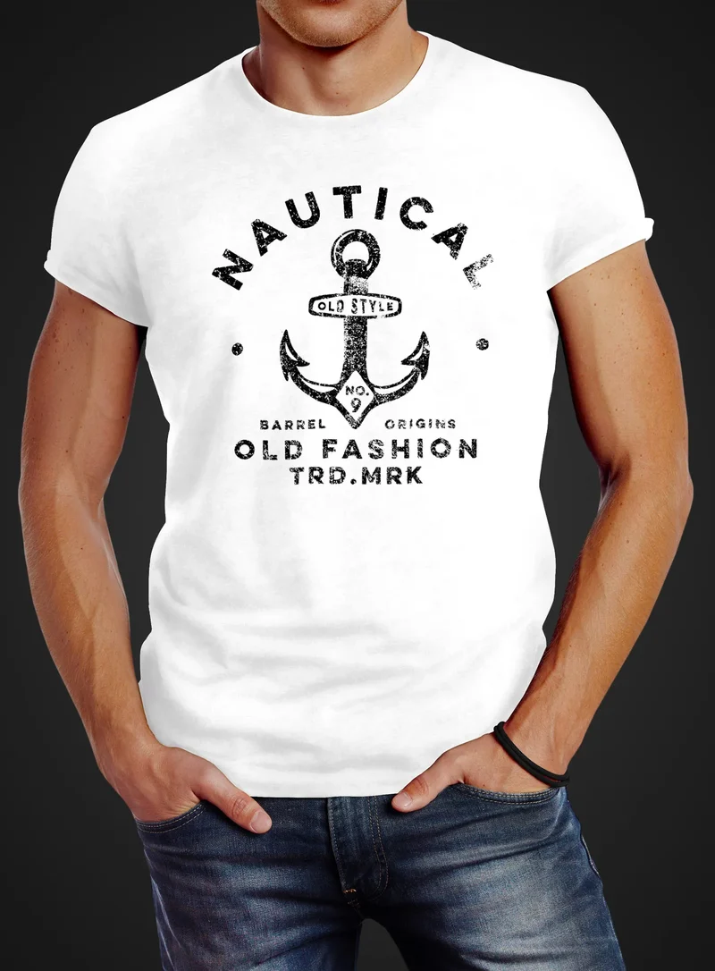 Herren T-Shirt Anker Motiv Schriftzug Nautical Old Fashion Retro Design Fashion Streetstyle