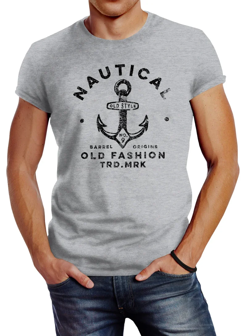 Herren T-Shirt Anker Motiv Schriftzug Nautical Old Fashion Retro Design Fashion Streetstyle