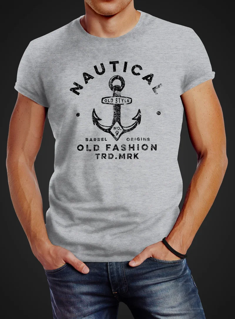 Herren T-Shirt Anker Motiv Schriftzug Nautical Old Fashion Retro Design Fashion Streetstyle
